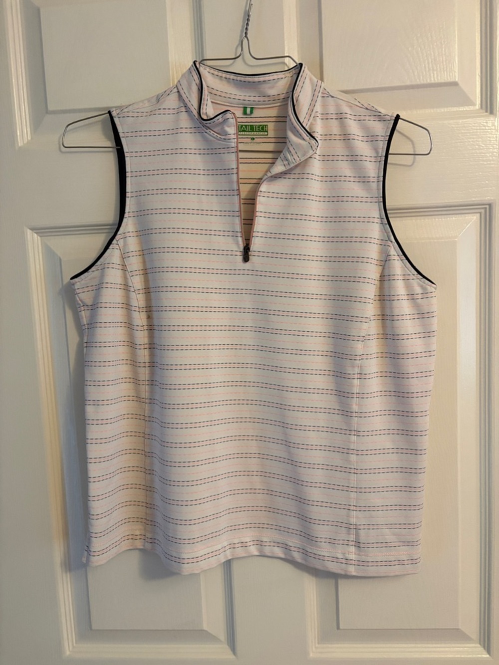 Sleeveless Quarter-Zip Tank Top with black, white and pink stripes, size L